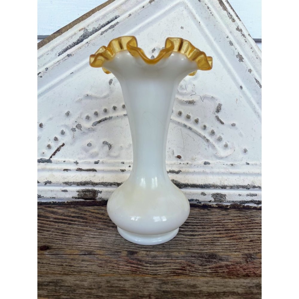 Vintage Fenton Gold Crest Milk Glass Crimped Ruffle Vase